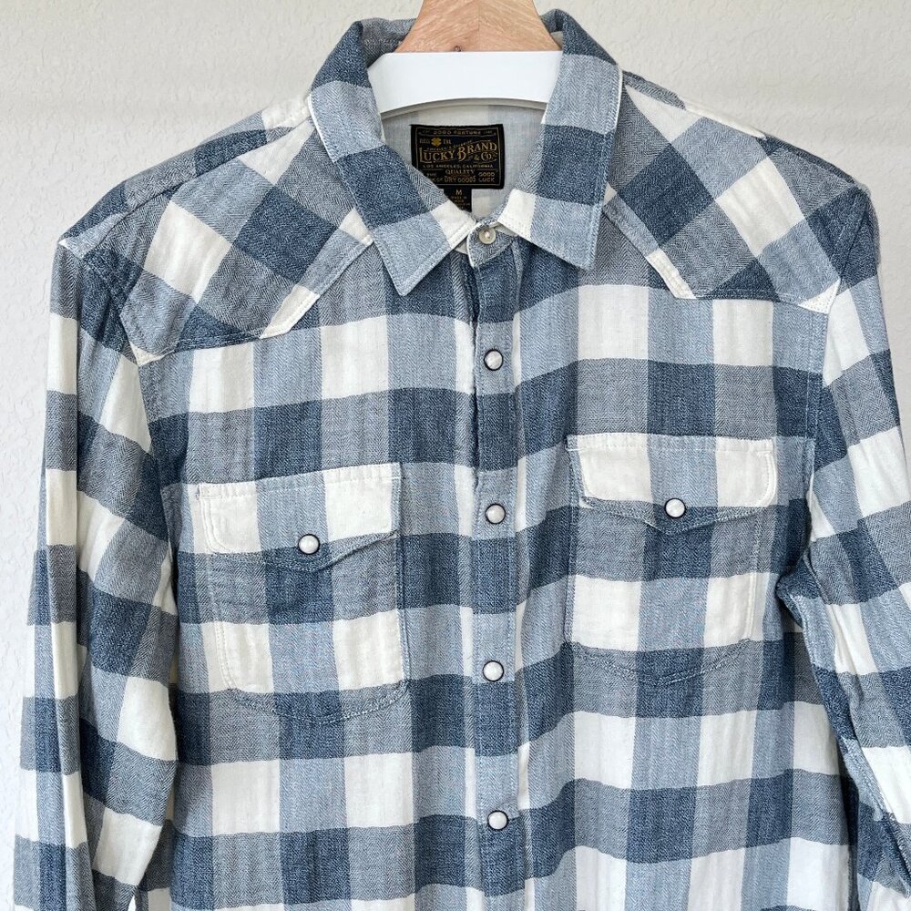 Lucky Brand Santa Fe Western Blue Plaid Checkered Pearl Snap Button Down Medium